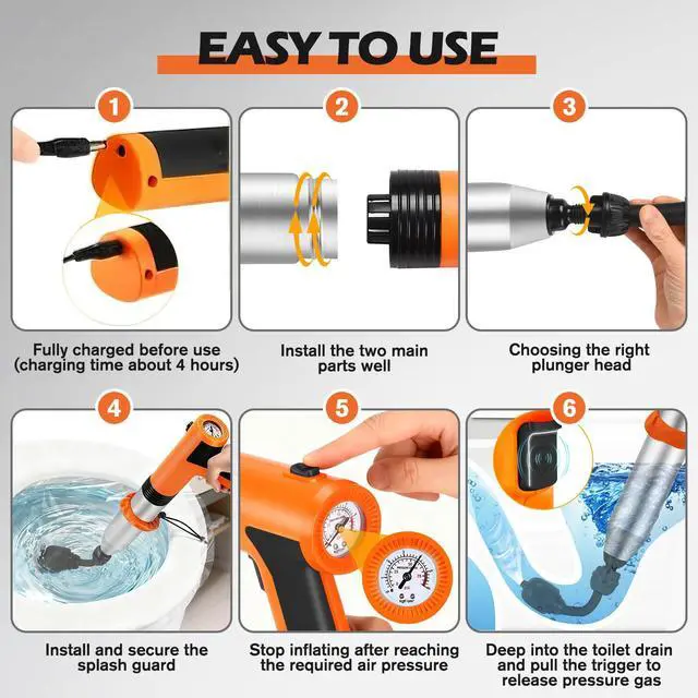 Alt view image 6 of 7 - Electric Toilet Plunger, High Pressure Toilet Snake Drain Clog Remover, Splash-free Unclogger with Drain Snake Auger, Plungers for Bathroom Heavy Duty, Versatile Air Blaster Unclogger Kit (Orange)