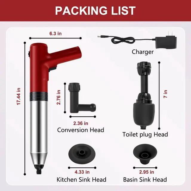 Alt view image 7 of 7 - Electric Toilet Plunger High Pressure Electric Air Drain Blaster Gun with Visual BarometerAir Power Plunger for Bathroom,Kitchen Bathtub Toilet Floor Drain Clogged Pipe