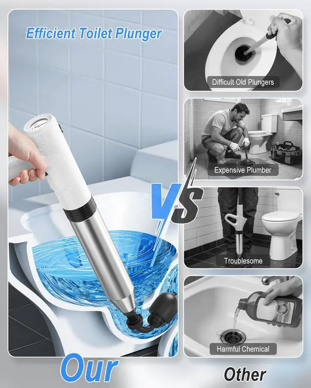 Alt view image 3 of 7 - Electric Toilet Plunger, 4 in 1 High Pressure Toilet Unclogger with Multi-Purpose Heads & Automatic Inflation, Heavy Duty Drain Clog Remover for Bathroom, Washbasin and Floor Drain