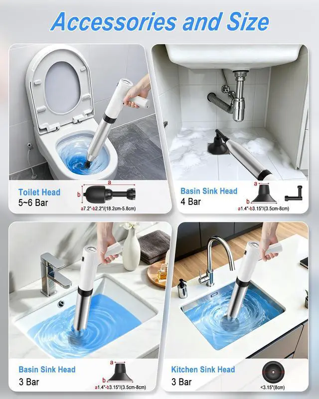 Alt view image 6 of 7 - Electric Toilet Plunger, 4 in 1 High Pressure Toilet Unclogger with Multi-Purpose Heads & Automatic Inflation, Heavy Duty Drain Clog Remover for Bathroom, Washbasin and Floor Drain