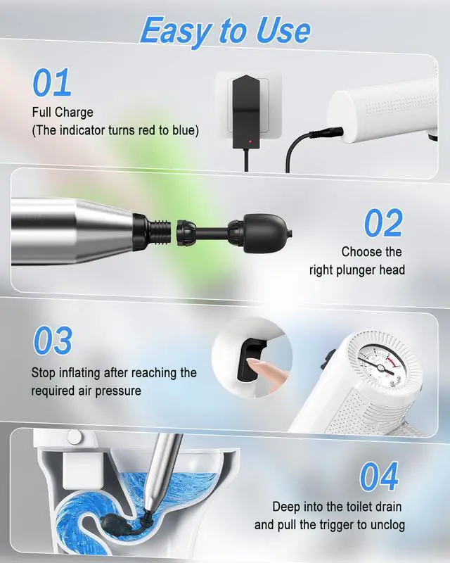 Alt view image 5 of 7 - Electric Toilet Plunger, 4 in 1 High Pressure Toilet Unclogger with Multi-Purpose Heads & Automatic Inflation, Heavy Duty Drain Clog Remover for Bathroom, Washbasin and Floor Drain