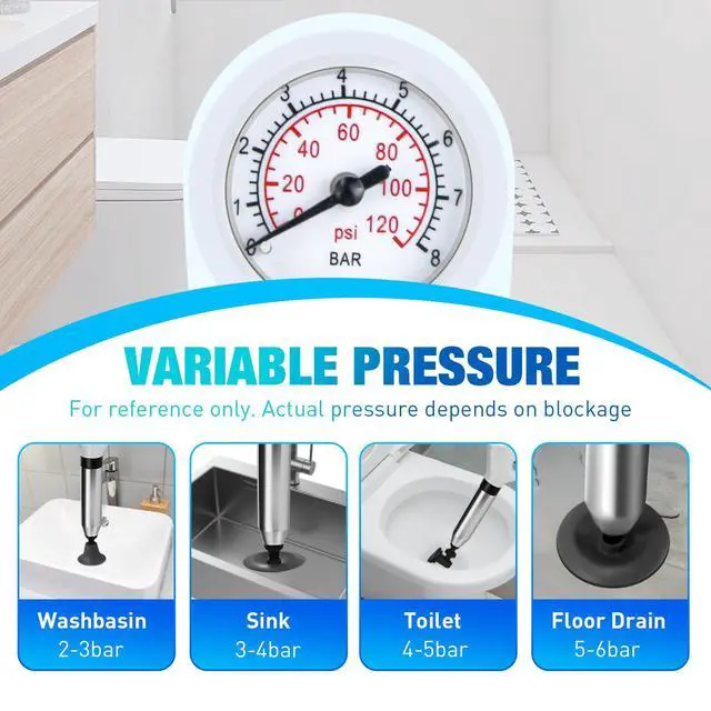 Alt view image 2 of 7 - High Pressure Toilet Plunger, Air Drain Blaster Gun with Visual Barometer and Stainless Steel Plungers, Powerful Drain Clog Remover Tool for Sink, Toilet, Floor Drain - Heavy Duty Toilet Plungers