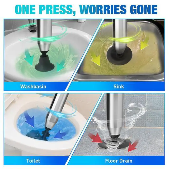 Alt view image 3 of 7 - High Pressure Toilet Plunger, Air Drain Blaster Gun with Visual Barometer and Stainless Steel Plungers, Powerful Drain Clog Remover Tool for Sink, Toilet, Floor Drain - Heavy Duty Toilet Plungers