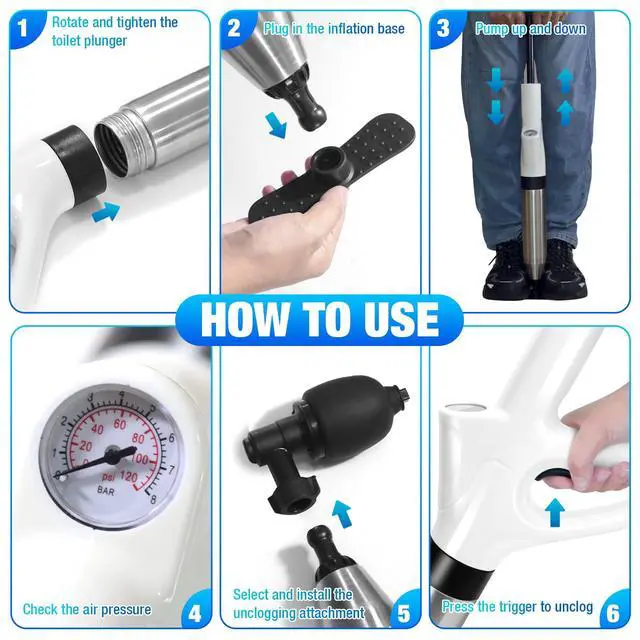 Alt view image 4 of 7 - High Pressure Toilet Plunger, Air Drain Blaster Gun with Visual Barometer and Stainless Steel Plungers, Powerful Drain Clog Remover Tool for Sink, Toilet, Floor Drain - Heavy Duty Toilet Plungers