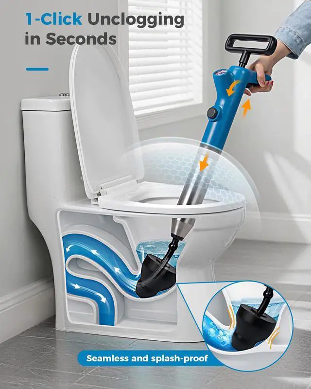 Alt view image 2 of 7 - High Pressure Toilet Plunger & Drain Auger with Real-Time Gauge, Heavy-Duty Air Unclogger for Toilets, Sinks & Drains