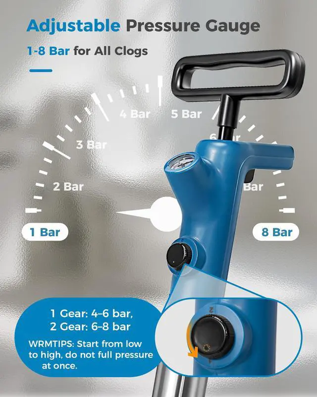 Alt view image 4 of 7 - High Pressure Toilet Plunger & Drain Auger with Real-Time Gauge, Heavy-Duty Air Unclogger for Toilets, Sinks & Drains