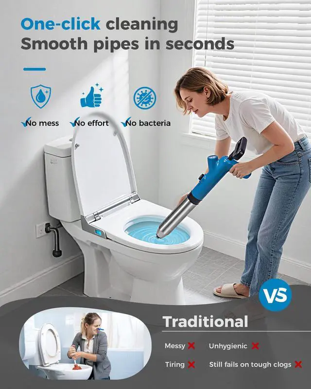 Alt view image 3 of 7 - High Pressure Toilet Plunger & Drain Auger with Real-Time Gauge, Heavy-Duty Air Unclogger for Toilets, Sinks & Drains