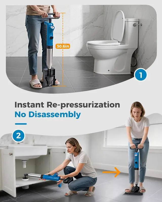 Alt view image 6 of 7 - High Pressure Toilet Plunger & Drain Auger with Real-Time Gauge, Heavy-Duty Air Unclogger for Toilets, Sinks & Drains