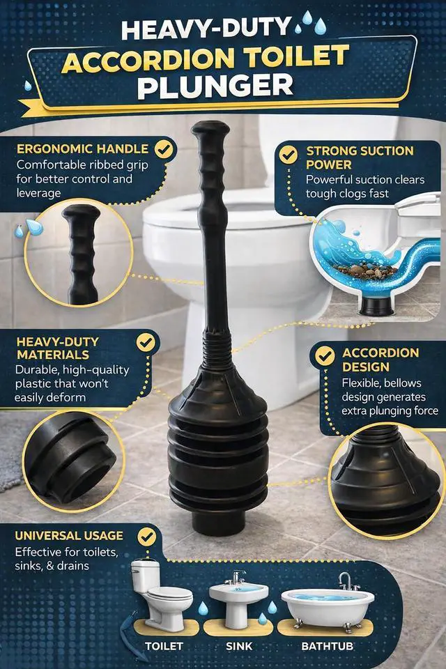 Alt view image 4 of 7 - Accordion Toilet Plunger High-Force Clog Remover for Toilets, Sinks, Tubs and Showers, Black