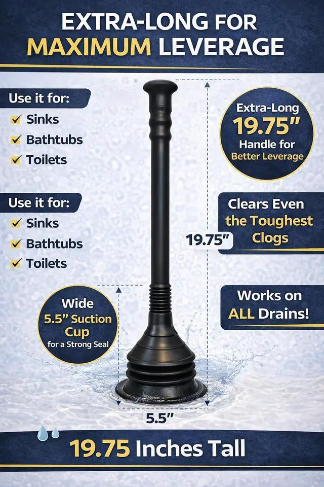 Alt view image 7 of 7 - Accordion Toilet Plunger High-Force Clog Remover for Toilets, Sinks, Tubs and Showers, Black