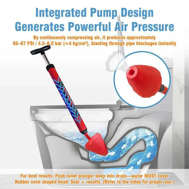 Alt view image 2 of 7 - Toilet Plunger, High-Pressure Plungers for Bathroom, Toilet Brush and Plunger Set - Powerful Air Drain Unclogger & Heavy-Duty Clog Remover for Bathroom Drains, and Clogged Pipes