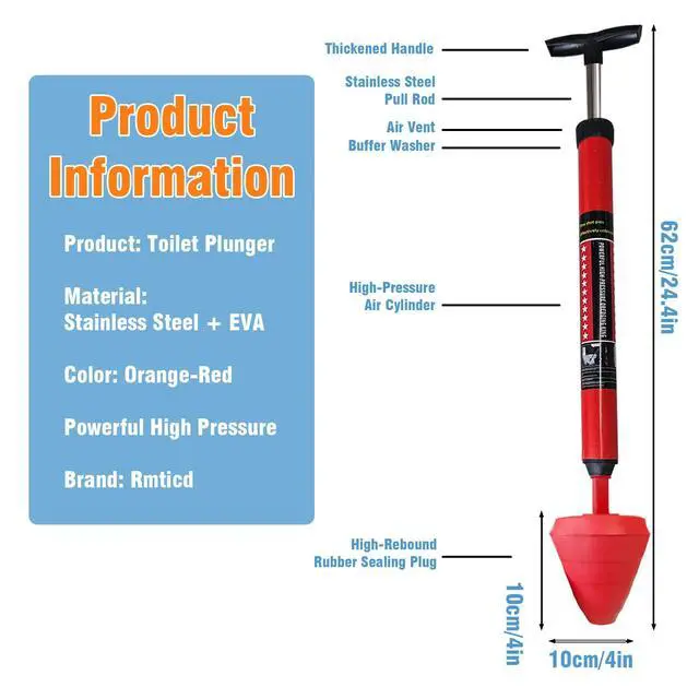 Alt view image 5 of 7 - Toilet Plunger, High-Pressure Plungers for Bathroom, Toilet Brush and Plunger Set - Powerful Air Drain Unclogger & Heavy-Duty Clog Remover for Bathroom Drains, and Clogged Pipes