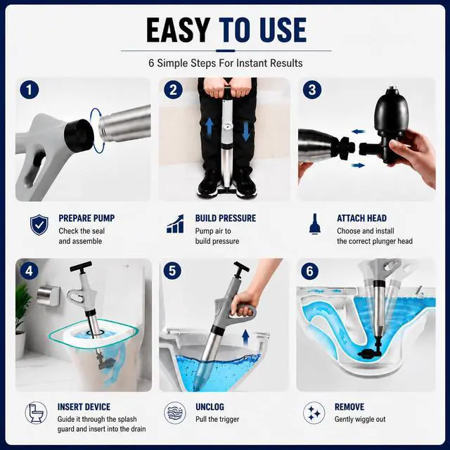 Alt view image 7 of 7 - Toilet Plunger, High Pressure Air Toilet Unclogger, Heavy Duty for Bathroom