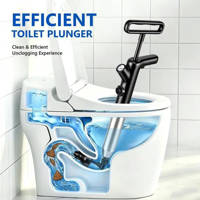Alt view image 2 of 7 - Toilet Plunger, High Pressure Toilet Plunger, Air Drain Blaster with Visual Barometer, Stainless Steel Drain Clog Remover Heavy Duty Plunger for Bathroom,Toilet, Kitchen, Floor Drain