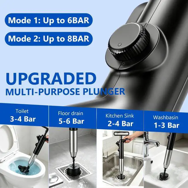 Alt view image 3 of 7 - Toilet Plunger, High Pressure Toilet Plunger, Air Drain Blaster with Visual Barometer, Stainless Steel Drain Clog Remover Heavy Duty Plunger for Bathroom,Toilet, Kitchen, Floor Drain