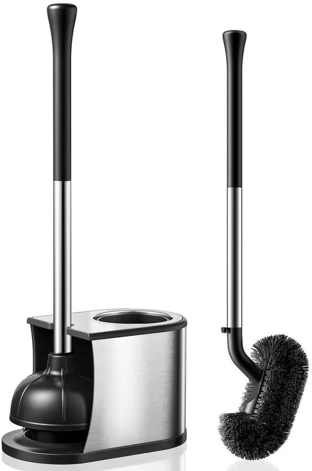 Main image of Toilet Plunger and Brush Set: 2 in 1 Stainless Steel Rustproof Combo with Deep Cleaning Curved Bristles - Heavy Duty Toilet Unclogging for Family Bathroom - Compact Apartment Accessories