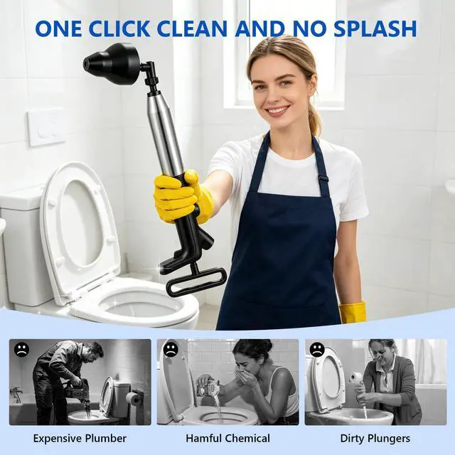 Alt view image 4 of 7 - Toilet Plunger, High Pressure Toilet Plunger, Air Drain Blaster with Visual Barometer, Stainless Steel Drain Clog Remover Heavy Duty Plunger for Bathroom,Toilet, Kitchen, Floor Drain