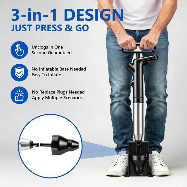 Alt view image 5 of 7 - Toilet Plunger, High Pressure Toilet Plunger, Air Drain Blaster with Visual Barometer, Stainless Steel Drain Clog Remover Heavy Duty Plunger for Bathroom,Toilet, Kitchen, Floor Drain