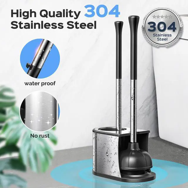 Alt view image 3 of 7 - Toilet Plunger and Brush Set: 2 in 1 Stainless Steel Rustproof Combo with Deep Cleaning Curved Bristles - Heavy Duty Toilet Unclogging for Family Bathroom - Compact Apartment Accessories