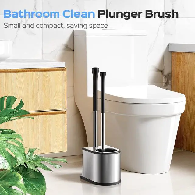 Alt view image 7 of 7 - Toilet Plunger and Brush Set: 2 in 1 Stainless Steel Rustproof Combo with Deep Cleaning Curved Bristles - Heavy Duty Toilet Unclogging for Family Bathroom - Compact Apartment Accessories