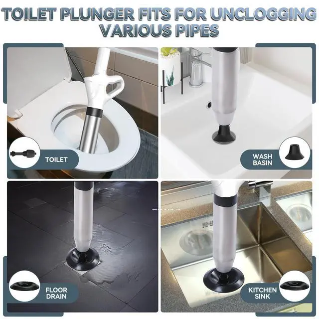 Alt view image 5 of 7 - Toilet Plunger, High Pressure Drain Unclogger Plungers with Pressure Gauge, toilet auger Air Drain Blaster, Versatile Heavy Duty Clog Remover for Bathroom, Kitchen, Floor Drain (Gray)
