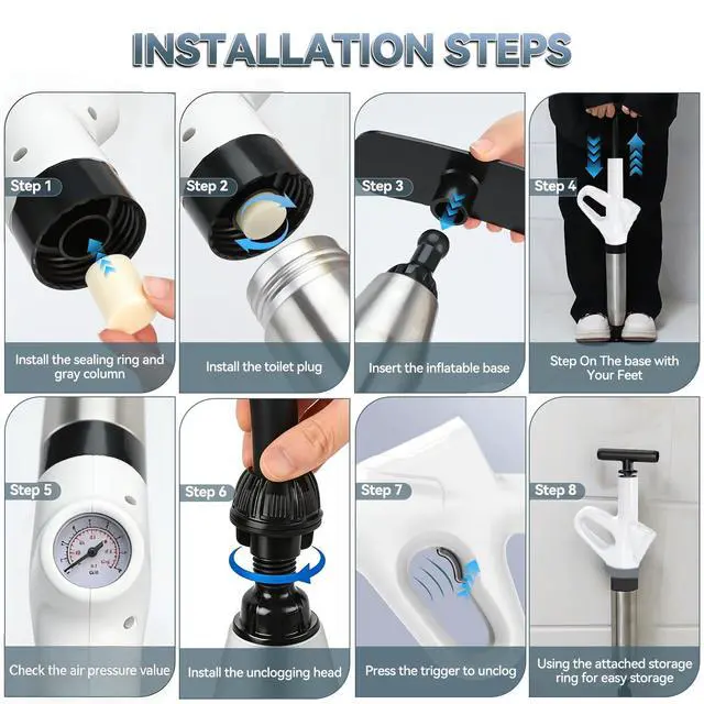 Alt view image 6 of 7 - Toilet Plunger, High Pressure Drain Unclogger Plungers with Pressure Gauge, toilet auger Air Drain Blaster, Versatile Heavy Duty Clog Remover for Bathroom, Kitchen, Floor Drain (Gray)