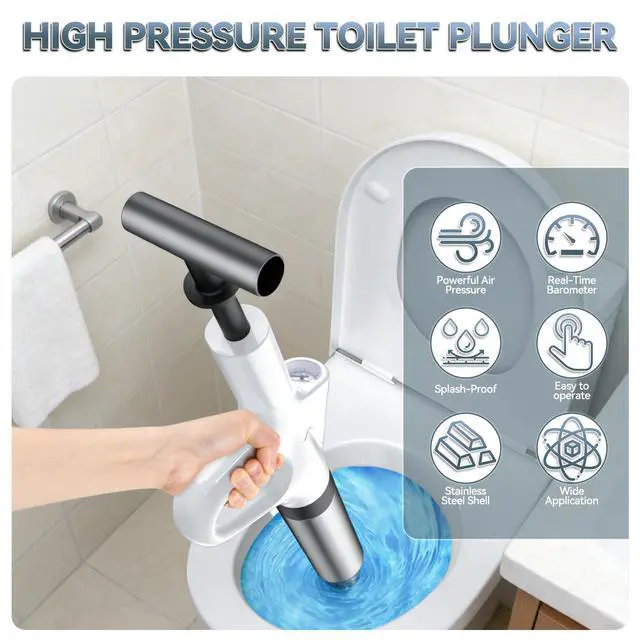 Alt view image 2 of 7 - Toilet Plunger, High Pressure Drain Unclogger Plungers with Pressure Gauge, toilet auger Air Drain Blaster, Versatile Heavy Duty Clog Remover for Bathroom, Kitchen, Floor Drain (Gray)