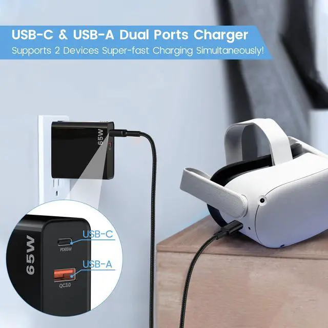 Alt view image 3 of 7 - PD65W USB C Super Fast Charger for Meta Quest 3s & 3 & 2 VR Headsets, Black