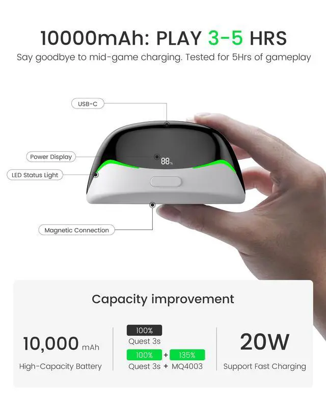 Alt view image 7 of 7 - Battery Head Strap Accessories for Meta Quest 3/Quest 3S/Quest 2 - with Magnetic Hot-swappable & Detachable 10000mah Battery Pack, Comfortable VR Headset Strap for Oculus - MQ4003