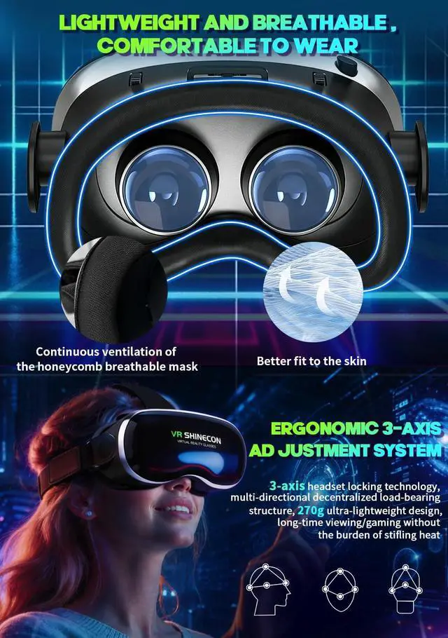 Alt view image 2 of 7 - VR Headset with Bluetooth Controller, HD Aspheric Lenses, Adjustable Focus & IPD Universal Fit for 4.77" Smartphones with Heat Dissipation Design