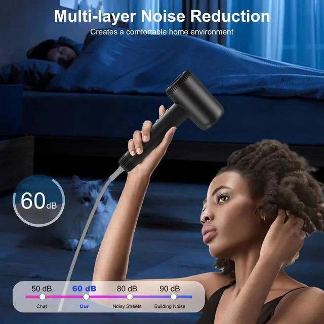 Alt view image 5 of 7 - Hair Dryer, 180000 RPM High-Speed Blow Dryer, 1600W Low Noise Brushless Motor, Negative Lonic Professional Care Hair Dryer, 4 Thermo-Control with Magnetic Diffuser and Nozzle for Travel, Salon(Black)