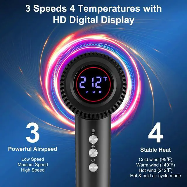 Alt view image 3 of 7 - Hair Dryer, 180000 RPM High-Speed Blow Dryer, 1600W Low Noise Brushless Motor, Negative Lonic Professional Care Hair Dryer, 4 Thermo-Control with Magnetic Diffuser and Nozzle for Travel, Salon(Black)