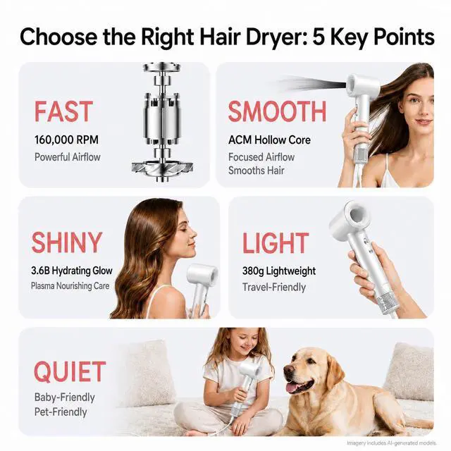 Alt view image 4 of 7 - High-Speed Hair Dryer with Diffuser, 160,000 RPM Brushless Motor