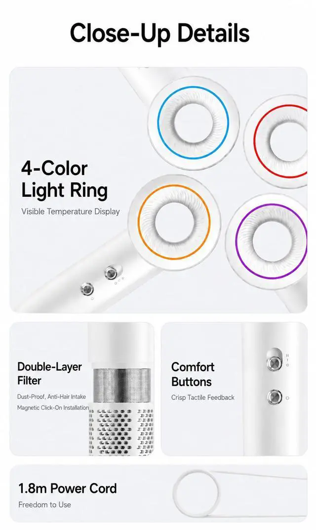 Alt view image 7 of 7 - High-Speed Hair Dryer with Diffuser, 160,000 RPM Brushless Motor