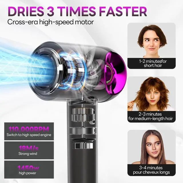 Alt view image 2 of 7 - Hair Dryer, High-Speed Ionic Low Noise Blow Dryer with Diffuser for Fast Drying, Professional 500 Millions Negative Ionic Thermo-Control Hairdryer, Travel with Magnetic Diffuser & Nozzle