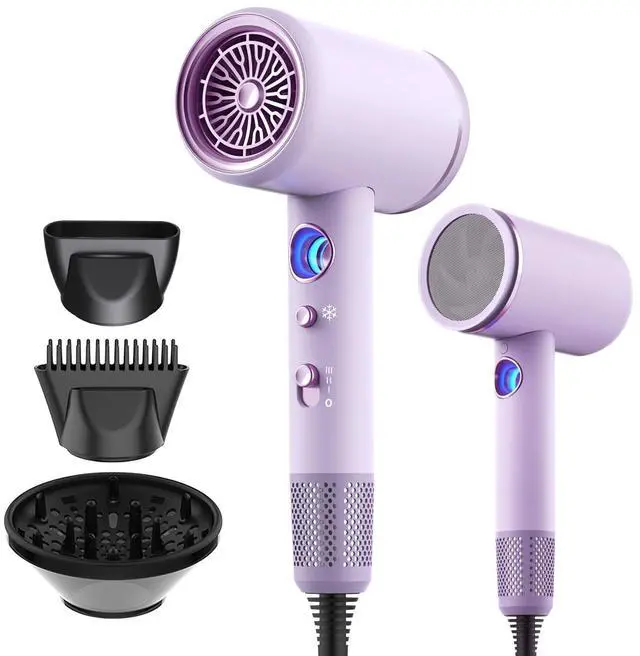 Main image of Hair Dryer, Professional Ionic Hair Dryer, Powerful 2200W Fast Drying Low Noise Blow Dryer with 2 Concentrator Nozzle 1 Diffuser Attachments for Women and Men (Purple)