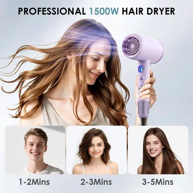 Alt view image 3 of 7 - Hair Dryer, Professional Ionic Hair Dryer, Powerful 2200W Fast Drying Low Noise Blow Dryer with 2 Concentrator Nozzle 1 Diffuser Attachments for Women and Men (Purple)