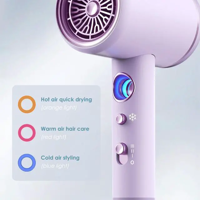Alt view image 6 of 7 - Hair Dryer, Professional Ionic Hair Dryer, Powerful 2200W Fast Drying Low Noise Blow Dryer with 2 Concentrator Nozzle 1 Diffuser Attachments for Women and Men (Purple)