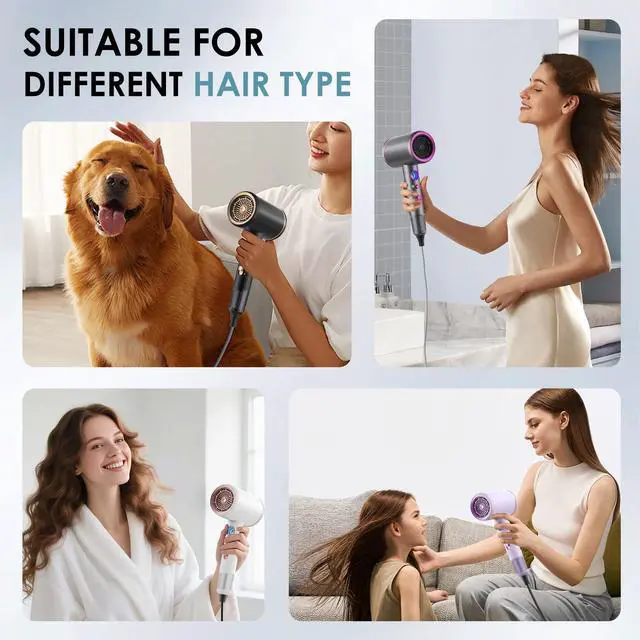 Alt view image 7 of 7 - Hair Dryer, Professional Ionic Hair Dryer, Powerful 2200W Fast Drying Low Noise Blow Dryer with 2 Concentrator Nozzle 1 Diffuser Attachments for Women and Men (Purple)