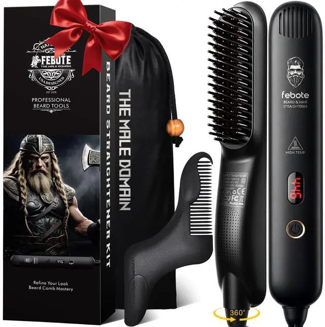 Main image of Heated Ionic Hair Straightening Brush for Men - 5 Temperature Settings, Anti-Scald, Beard Shaper & Travel Bag