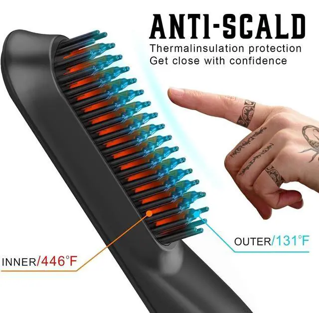Alt view image 6 of 7 - Heated Ionic Hair Straightening Brush for Men - 5 Temperature Settings, Anti-Scald, Beard Shaper & Travel Bag