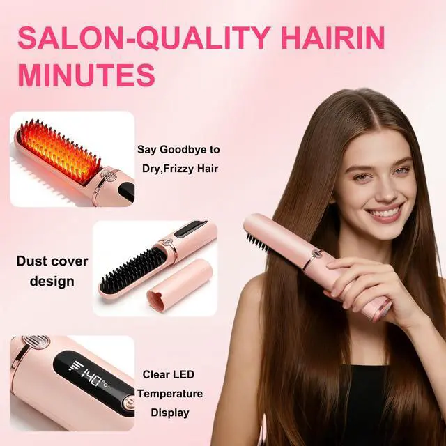 Alt view image 2 of 7 - Cordless Hair Straightener Brush, 500M Negative Ions Fast Heating Straightening Comb, Rechargeable Anti-Scald LED Display Hair Brush for Women, Travel Portable Styling Tool with 5D Dense Bristles