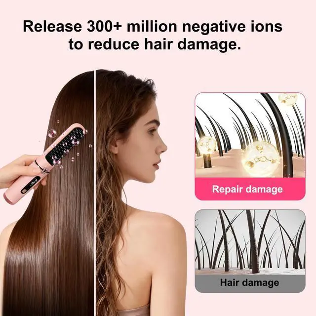 Alt view image 3 of 7 - Cordless Hair Straightener Brush, 500M Negative Ions Fast Heating Straightening Comb, Rechargeable Anti-Scald LED Display Hair Brush for Women, Travel Portable Styling Tool with 5D Dense Bristles
