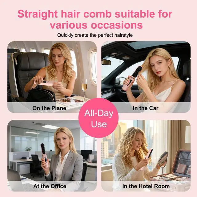Alt view image 6 of 7 - Cordless Hair Straightener Brush, 500M Negative Ions Fast Heating Straightening Comb, Rechargeable Anti-Scald LED Display Hair Brush for Women, Travel Portable Styling Tool with 5D Dense Bristles