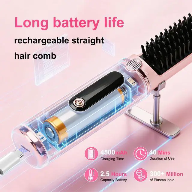 Alt view image 5 of 7 - Cordless Hair Straightener Brush, 500M Negative Ions Fast Heating Straightening Comb, Rechargeable Anti-Scald LED Display Hair Brush for Women, Travel Portable Styling Tool with 5D Dense Bristles