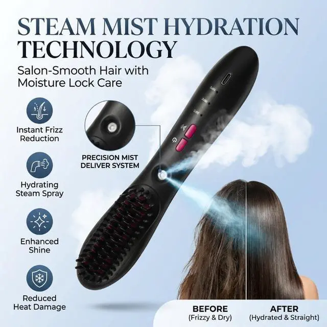 Alt view image 3 of 7 - Cordless Mist Straightening Comb Portable Steam Hair Straightener Brush 3 Temp Settings Rechargeable Hydrating Electric Spray Technology All Types with Detangling Style Smart