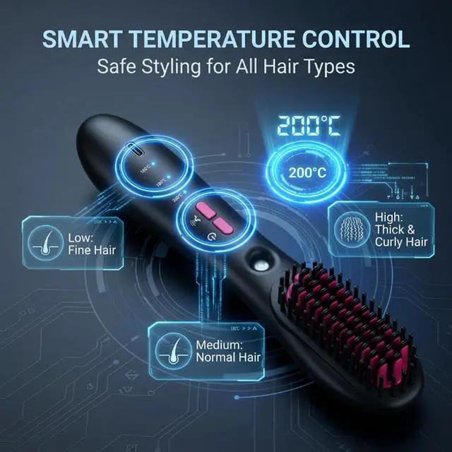 Alt view image 4 of 7 - Cordless Mist Straightening Comb Portable Steam Hair Straightener Brush 3 Temp Settings Rechargeable Hydrating Electric Spray Technology All Types with Detangling Style Smart