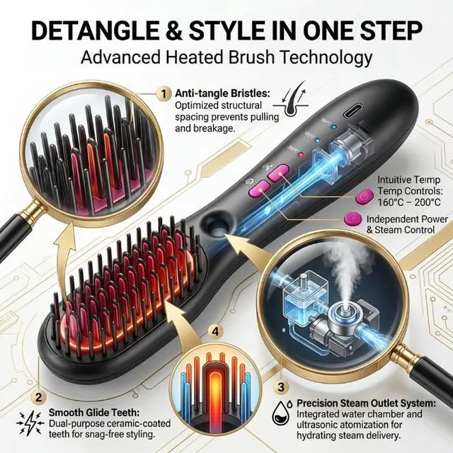 Alt view image 6 of 7 - Cordless Mist Straightening Comb Portable Steam Hair Straightener Brush 3 Temp Settings Rechargeable Hydrating Electric Spray Technology All Types with Detangling Style Smart