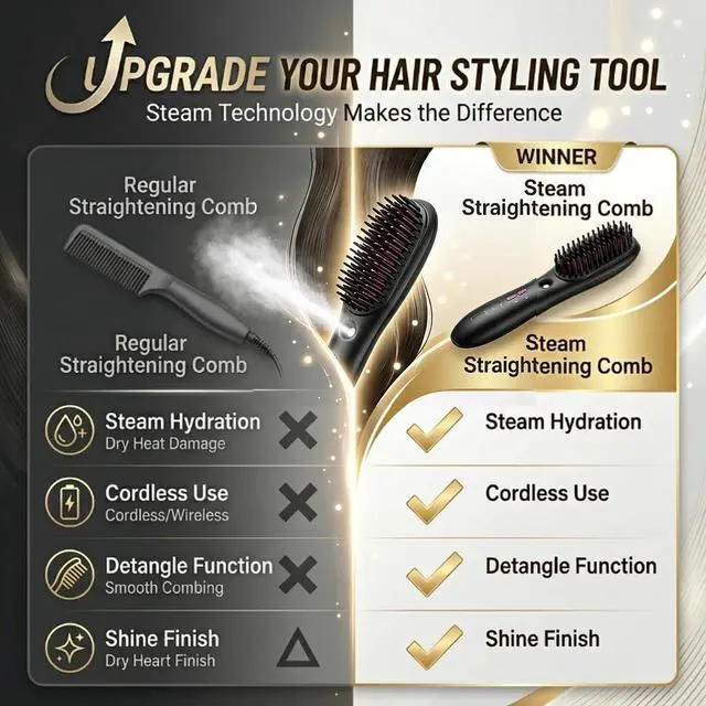Alt view image 7 of 7 - Cordless Mist Straightening Comb Portable Steam Hair Straightener Brush 3 Temp Settings Rechargeable Hydrating Electric Spray Technology All Types with Detangling Style Smart