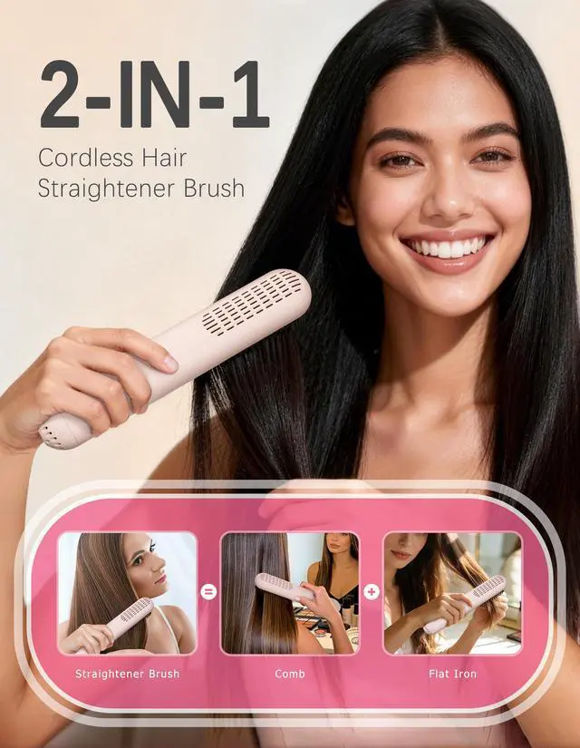Alt view image 2 of 7 - Cordless Hair Straightener Brush,Portable Hair Straightener,Pink